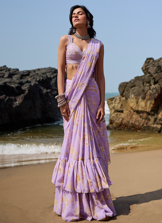 Lavender Floral Printed Saree