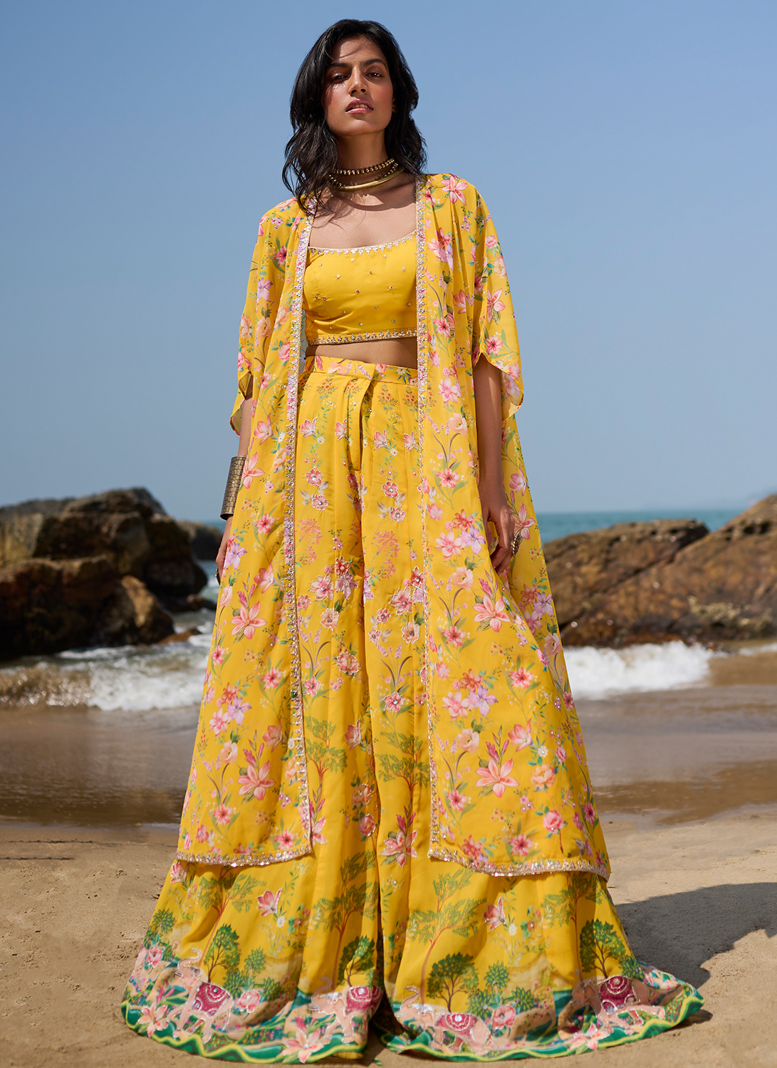 Yellow Floral Printed Crop Sharara Set