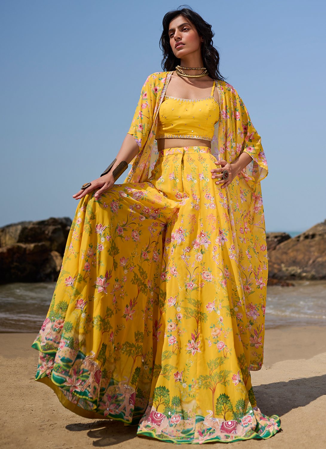 Yellow Floral Printed Crop Sharara Set