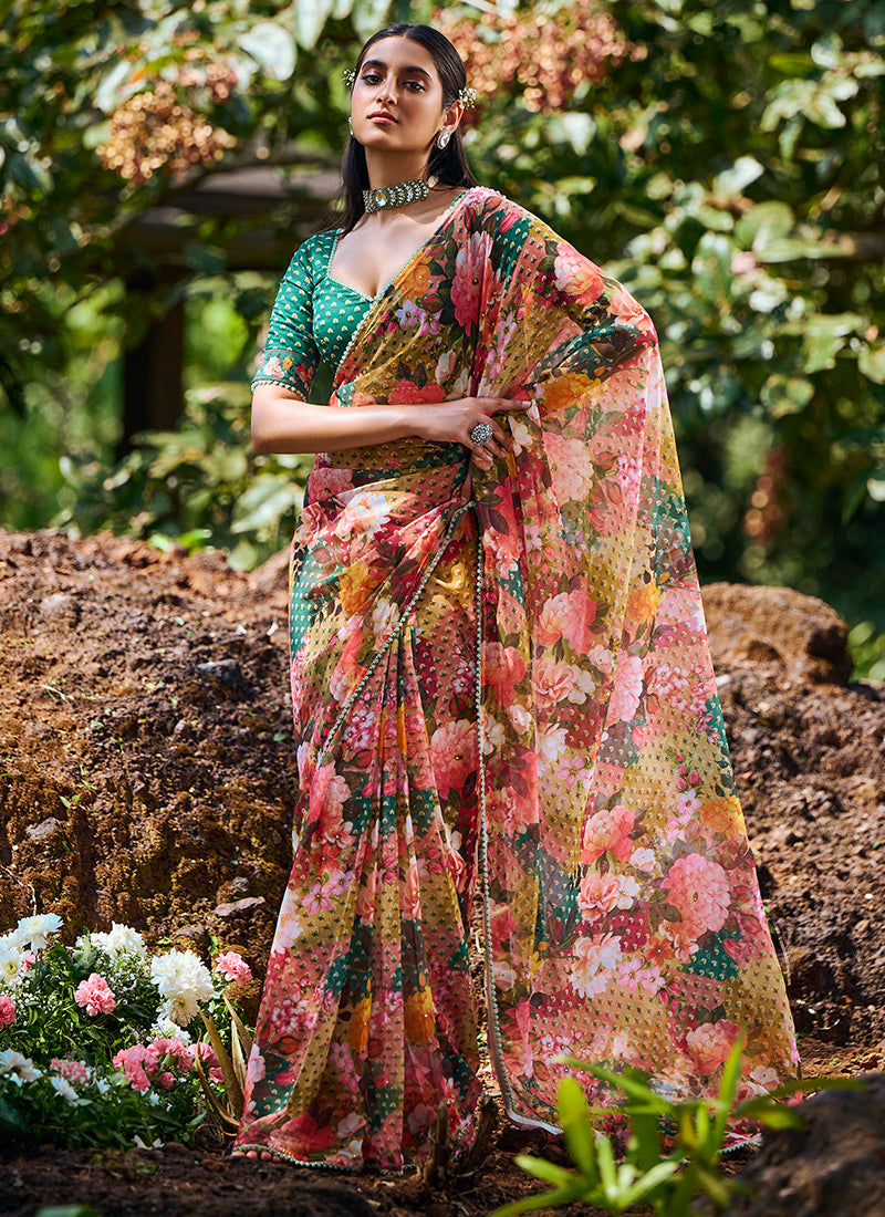 Multi Floral Printed Saree