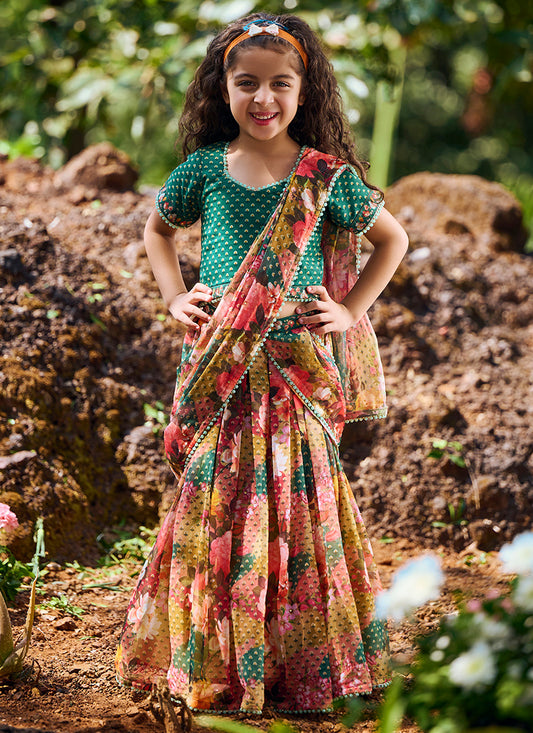 Kids Multi Floral Printed Saree