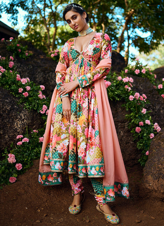 Multi Floral Printed Peplum Style Anarkali