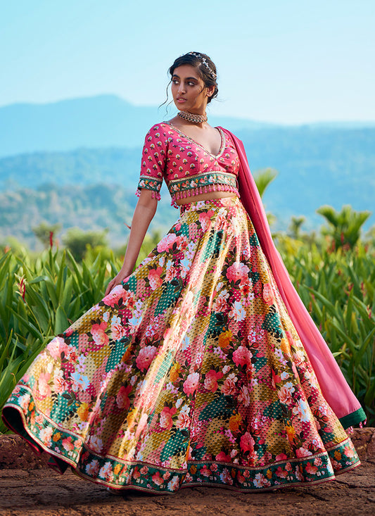 Hot Pink Multi Floral Printed Lehenga