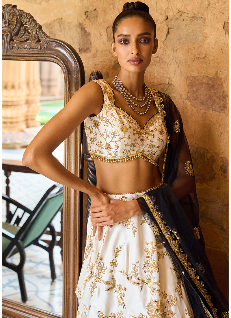 Embroidered Party Lehenga Choli in Off white Organza UK - LC4697
