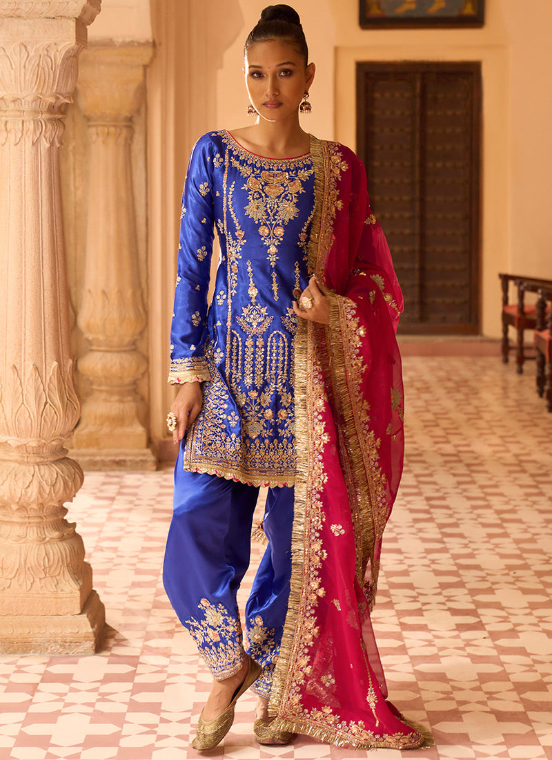Royal Blue Satin Punjabi Suit