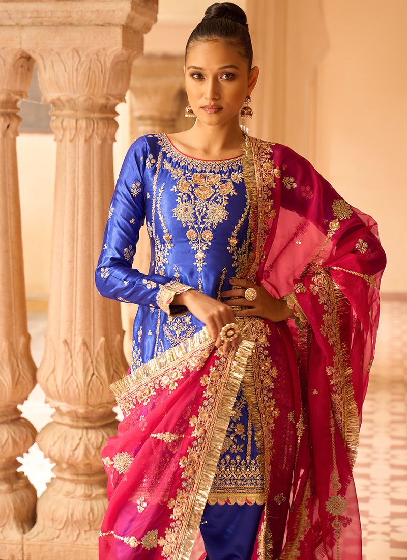 Royal Blue Satin Punjabi Suit
