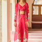 Red Crop Pant Set With Printed Jacket