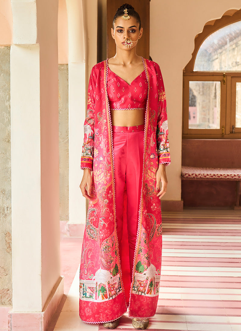 Red Crop Pant Set With Printed Jacket