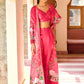 Red Crop Pant Set With Printed Jacket