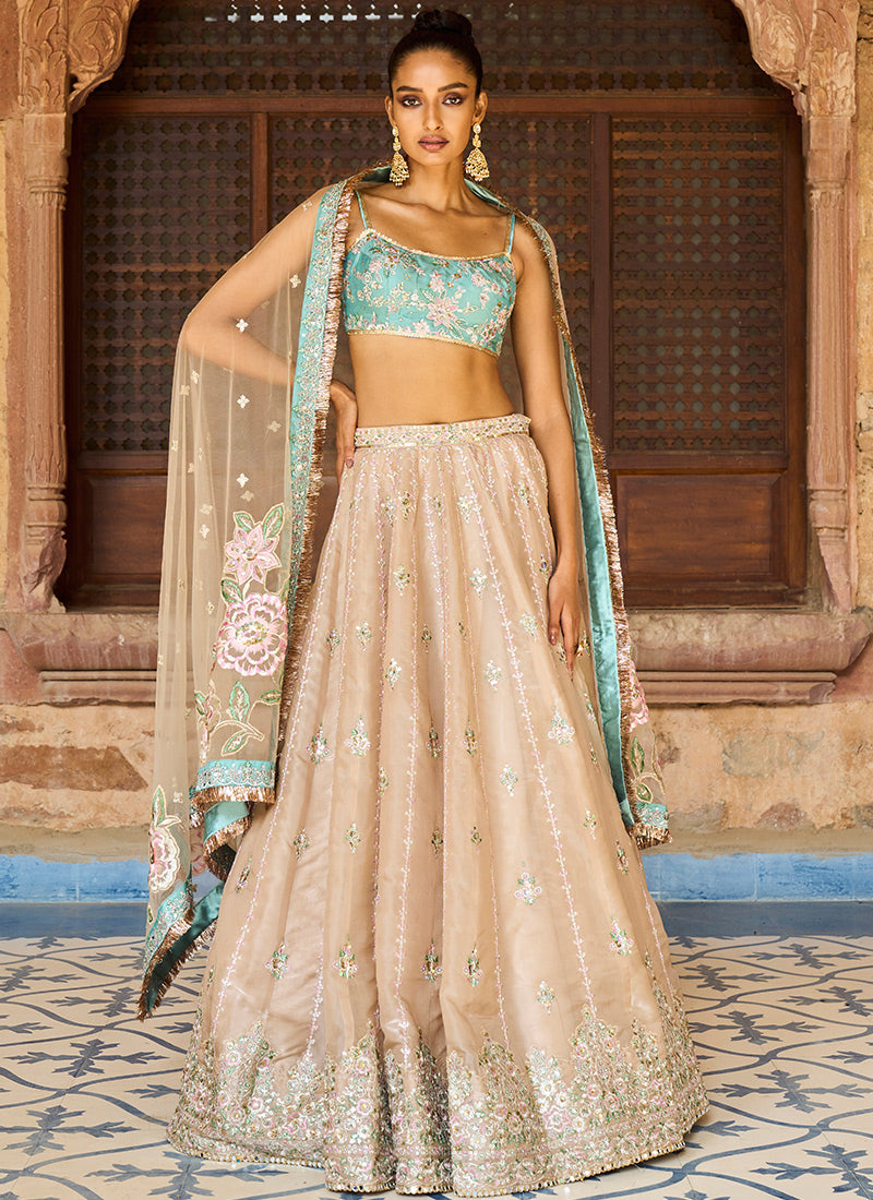 Golden Beige and Dusty Teal Embroidered Lehenga