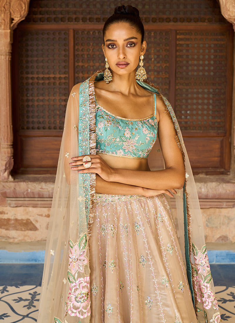 Golden Beige and Dusty Teal Embroidered Lehenga