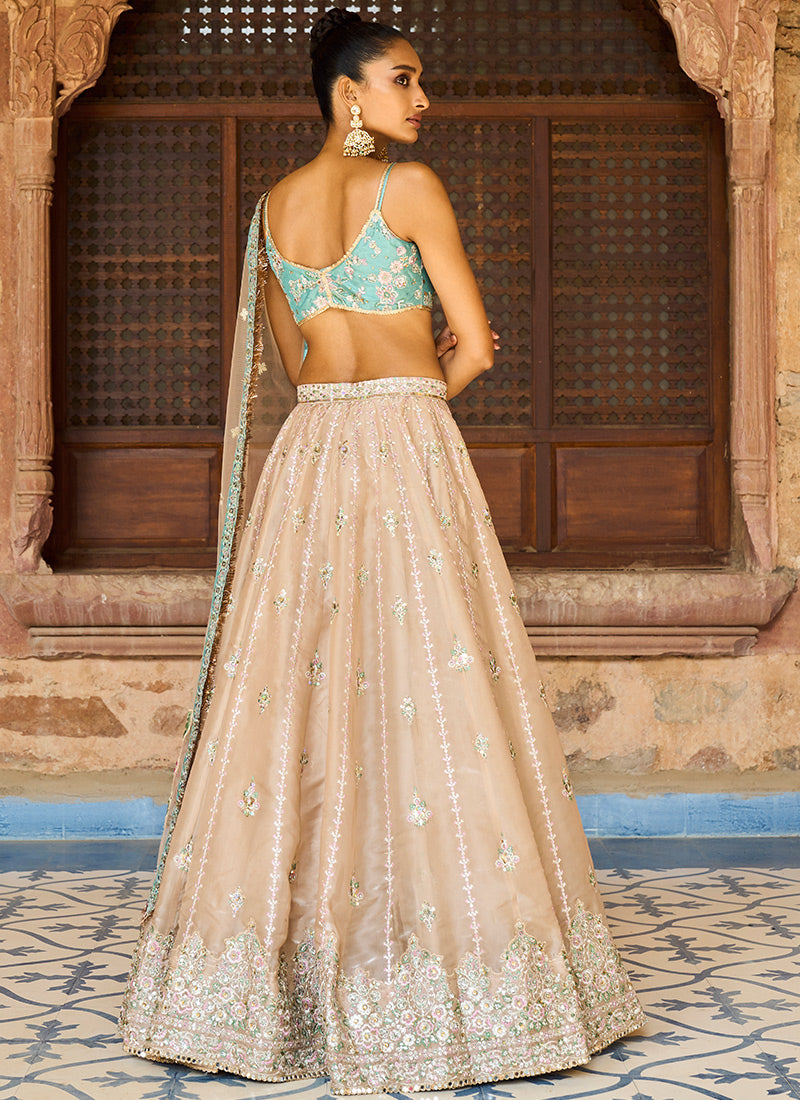 Golden Beige and Dusty Teal Embroidered Lehenga