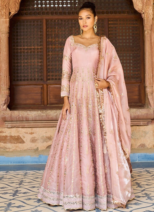 Rose Pink Satin Organza Anarkali