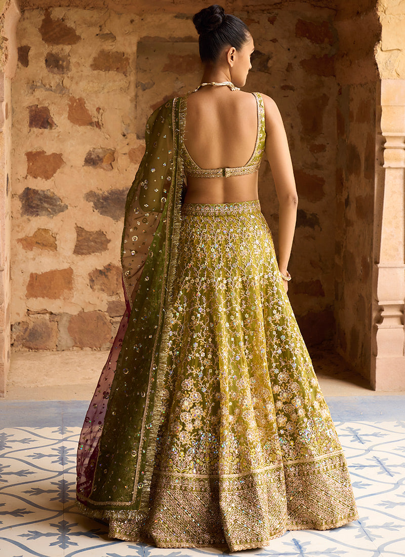 Mehendi Green Multicolor Net Lehenga