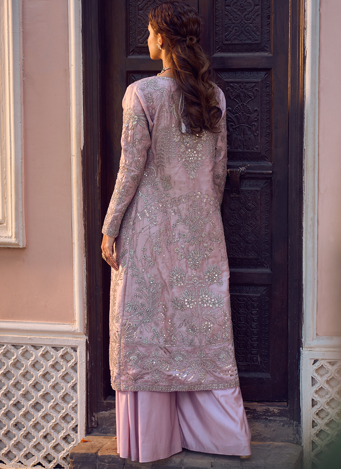 Lilac Embroidered Crop Jacket Set