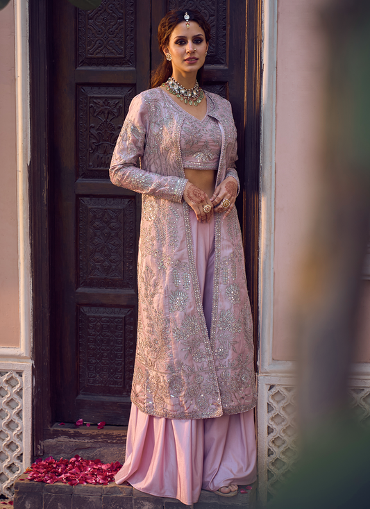 Lilac Embroidered Crop Jacket Set