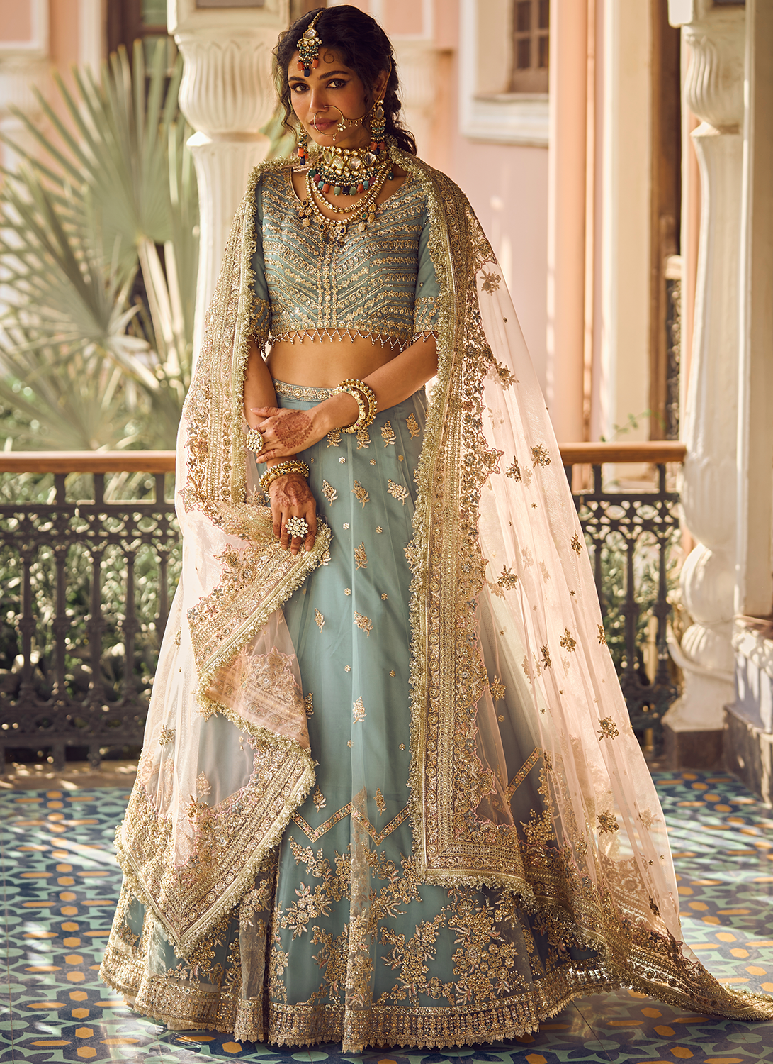 Blue and Light Pink Embroidered Lehenga