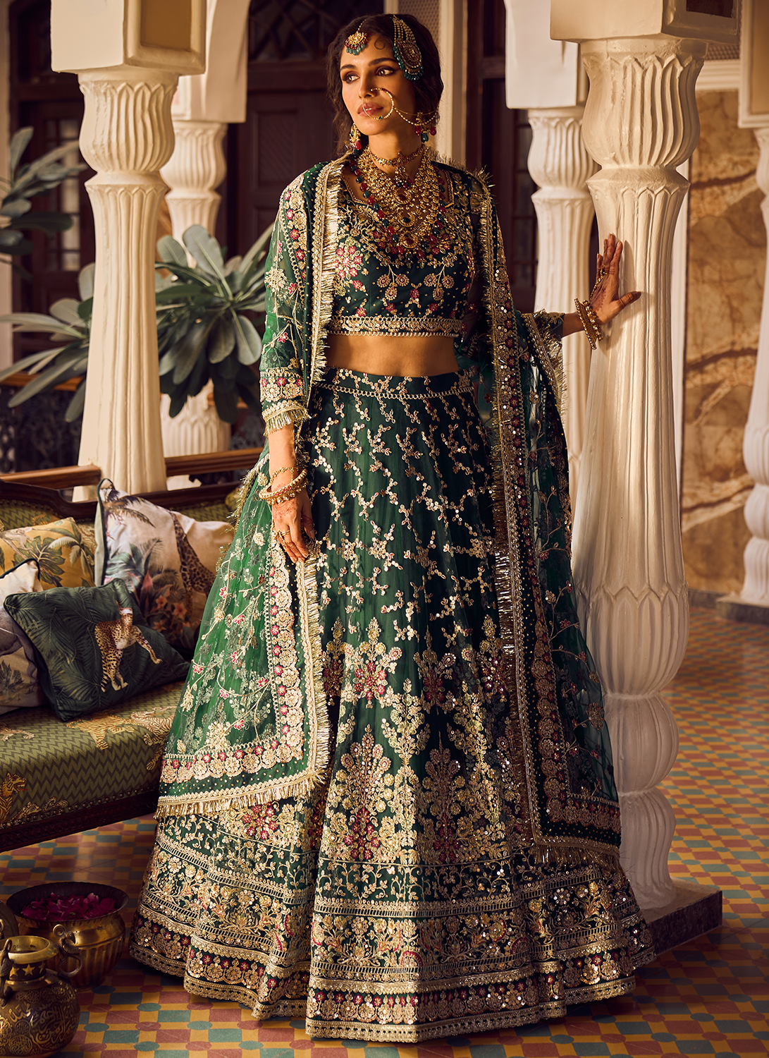 Bottle Green Embroidered Lehenga