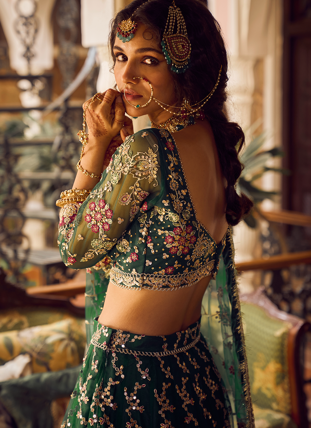 Bottle Green Embroidered Lehenga