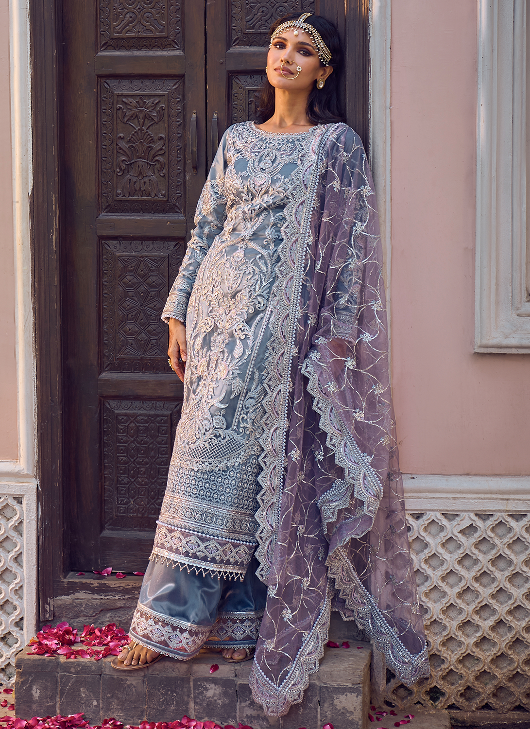 Dusty Blue and Purple Embroidered Palazzo Suit