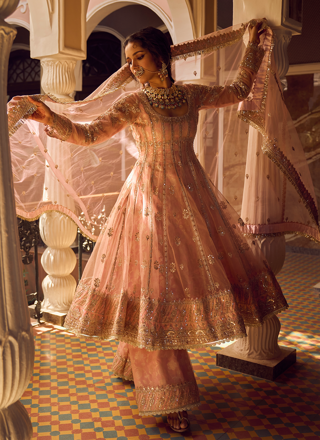 Light Pink Embroidered Anarkali Palazzo Set