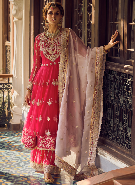 Hot Pink Embroidered Anarkali Palazzo Set