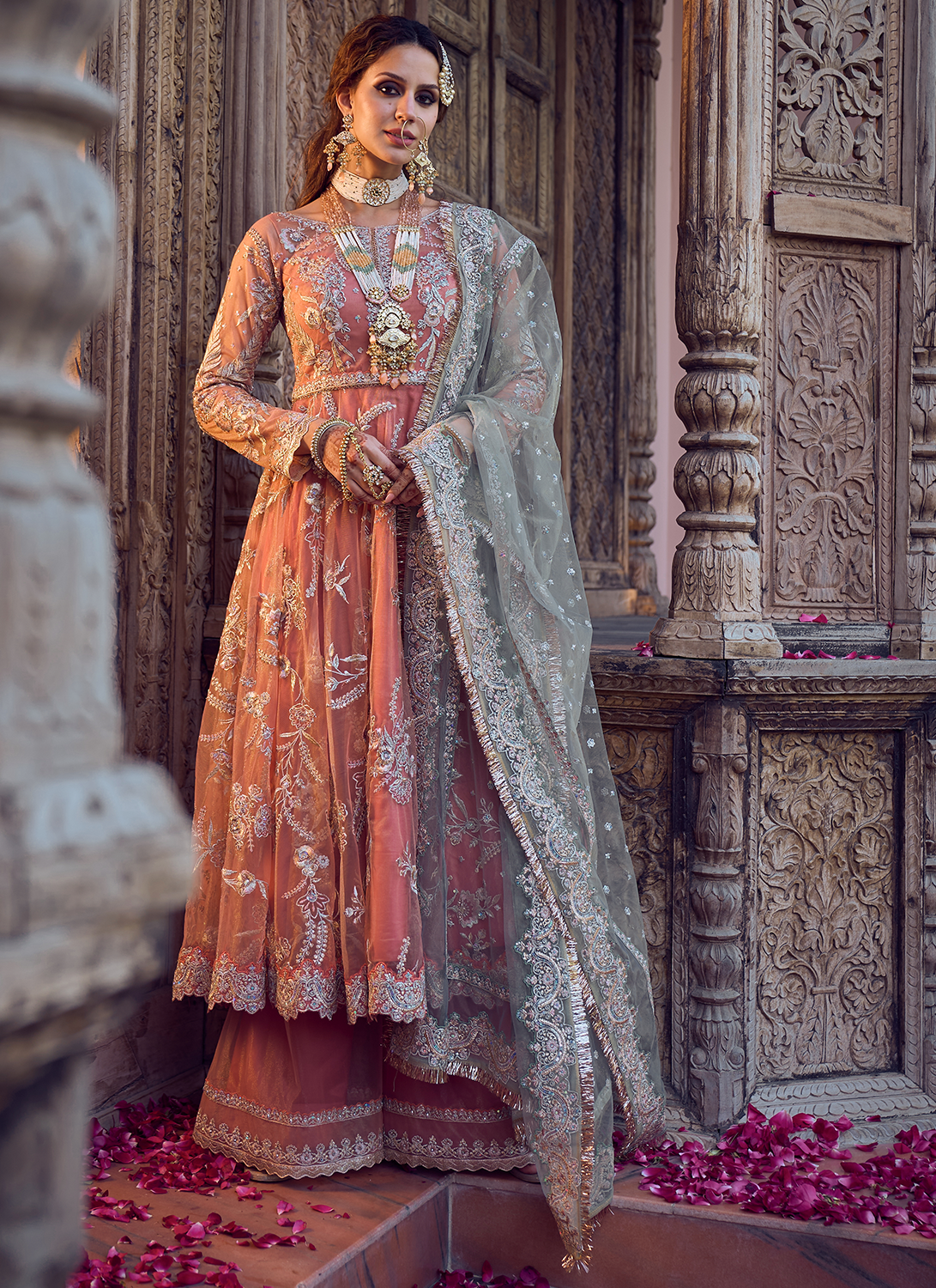 Coral and Mint Embroidered Anarkali Style Palazzo