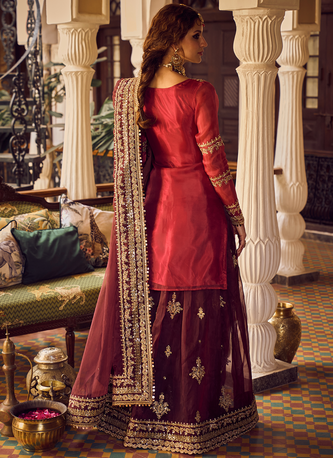 Red and Maroon Embroidered Sharara Suit