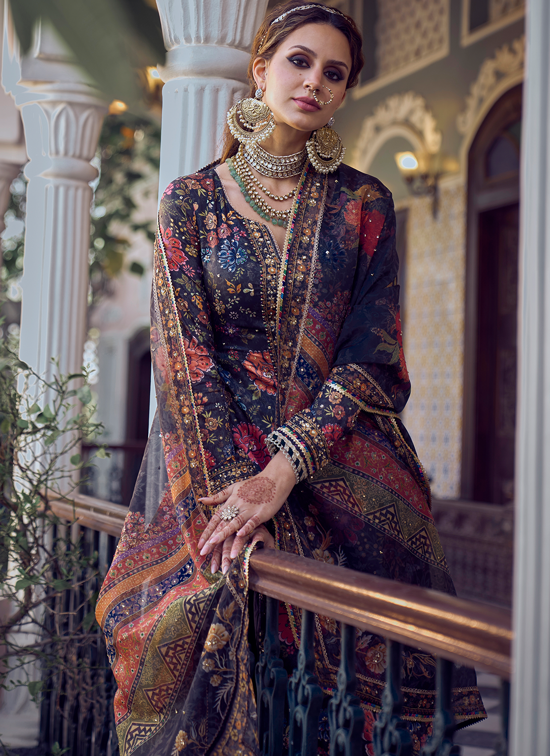 Black Floral Embroidered Palazzo Suit