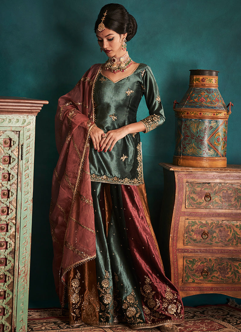 Teal Multicolor Embroidered Velvet Sharara