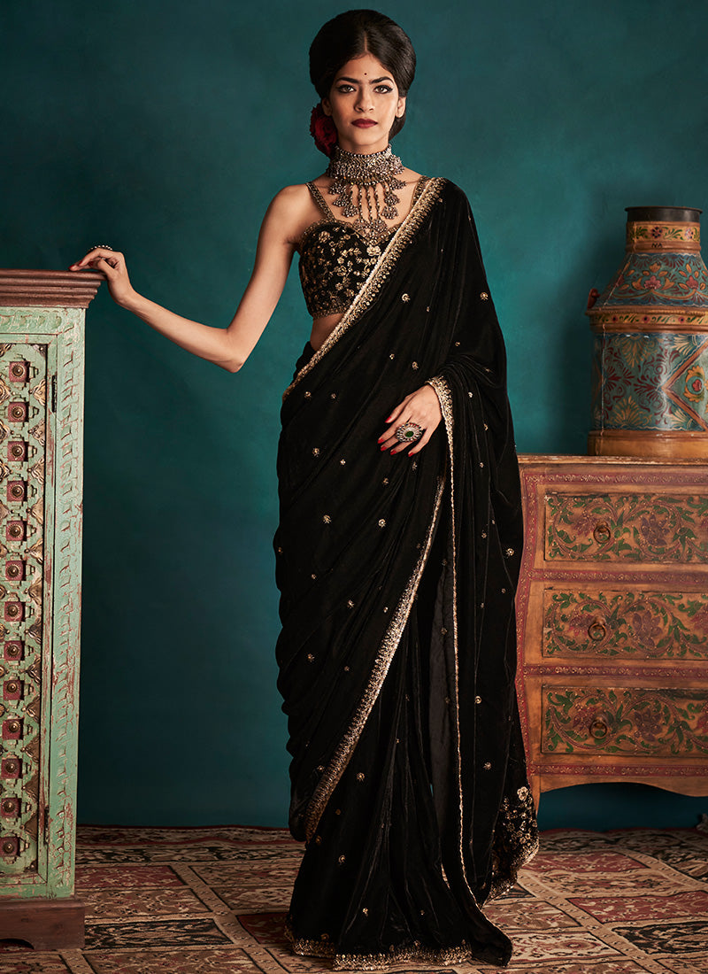 Black and Gold Embroidered Velvet Saree