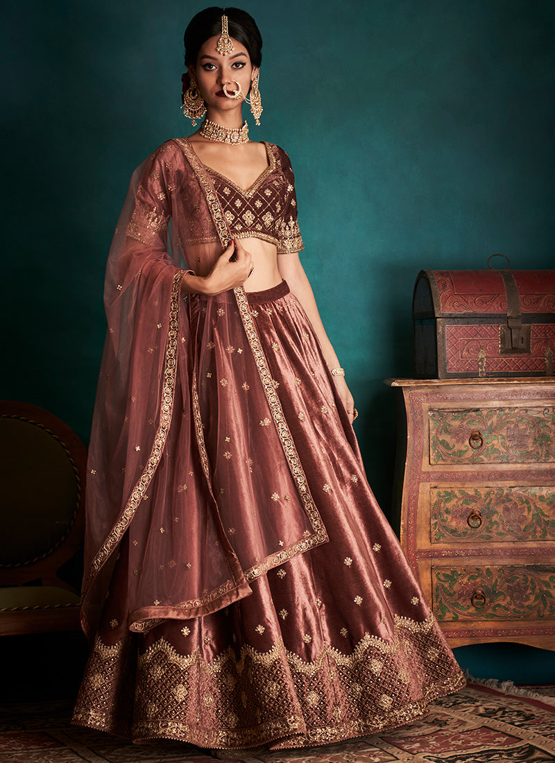 Dusty Mauve and Gold Embroidered Velvet Lehenga