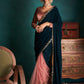 Blue and Pink Embroidered Velvet Saree