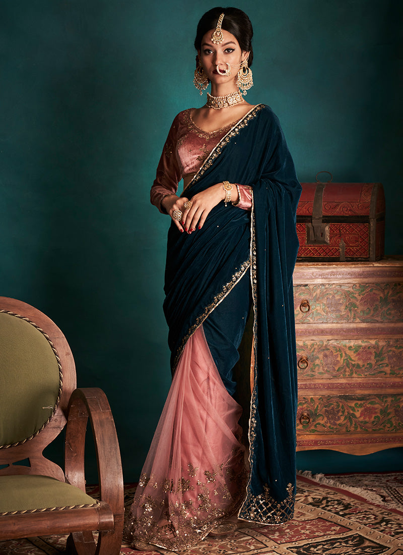 Blue and Pink Embroidered Velvet Saree