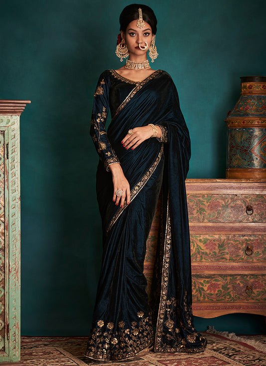 Dark Blue and Gold Embroidered Velvet Saree