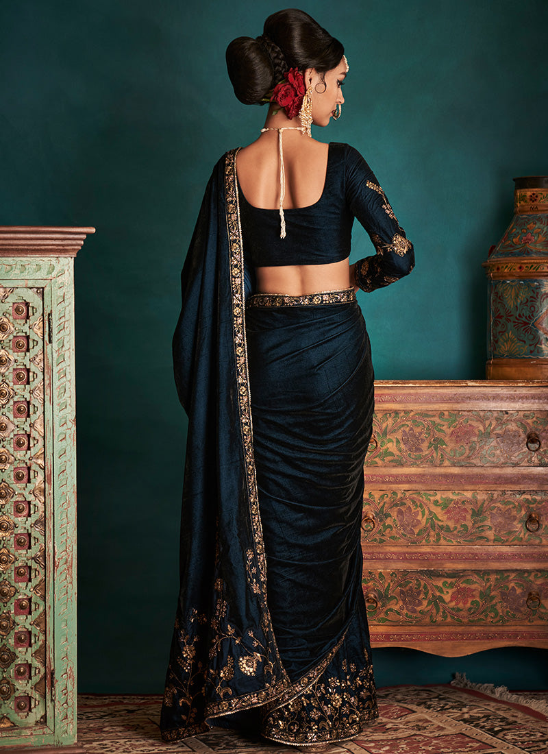 Dark Teal and Gold Embroidered Velvet Saree