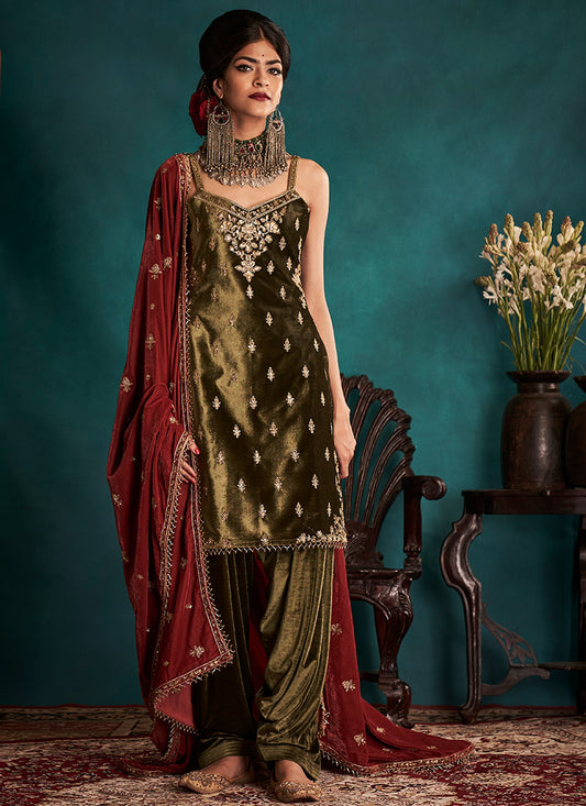 Mehendi Green and Rust Embroidered Velvet Punjabi Suit