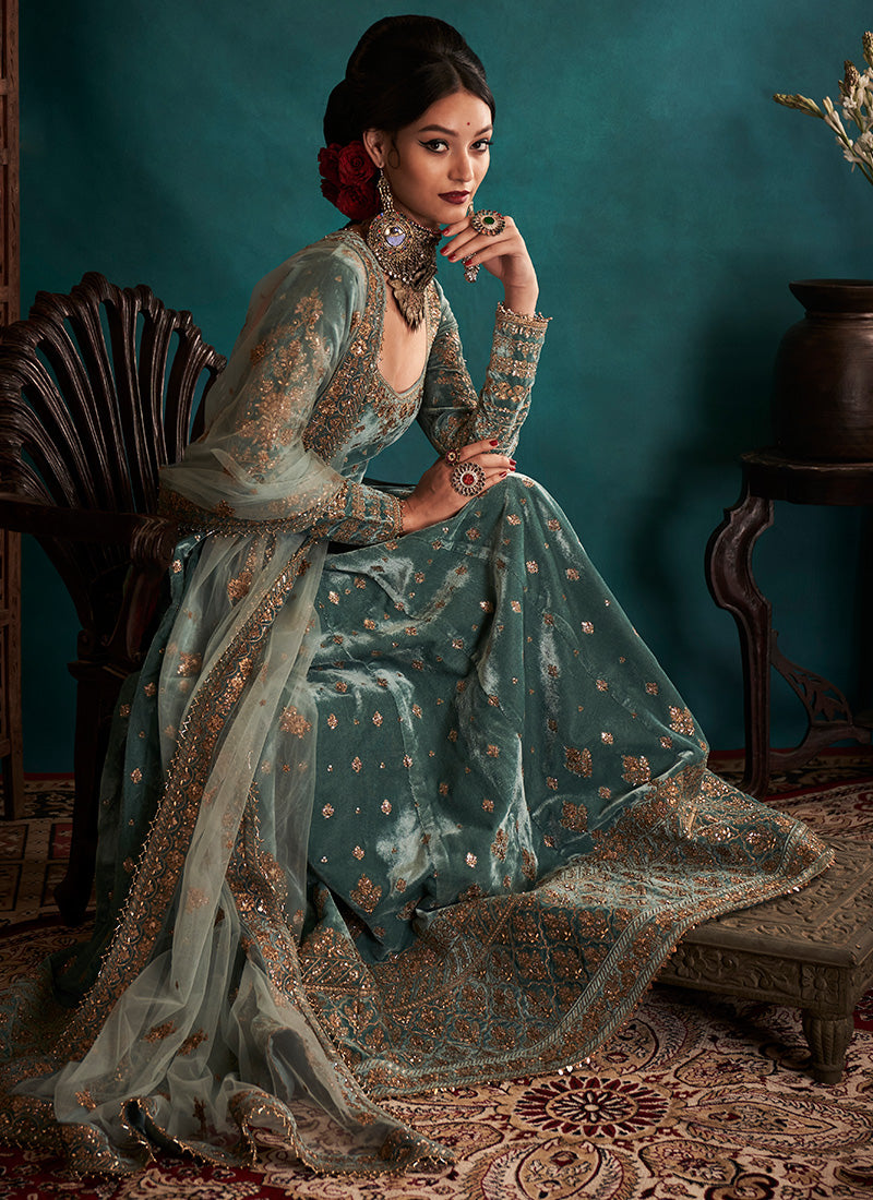 Dusty Turquoise Embroidered Velvet Anarkali