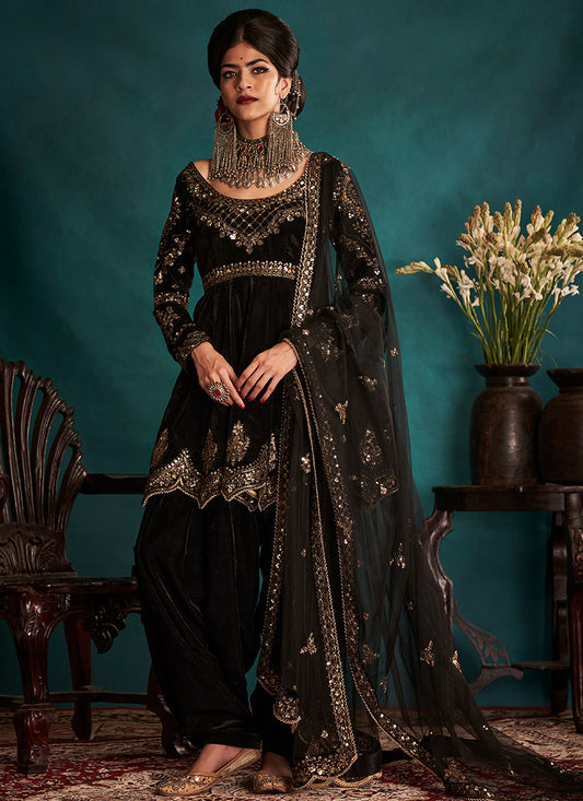 Black Embroidered Velvet Patiala Suit