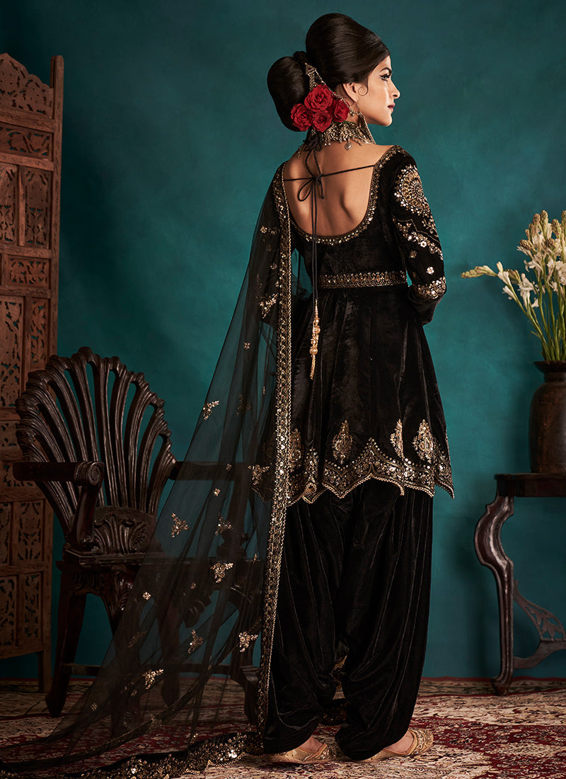Black Embroidered Velvet Patiala Suit