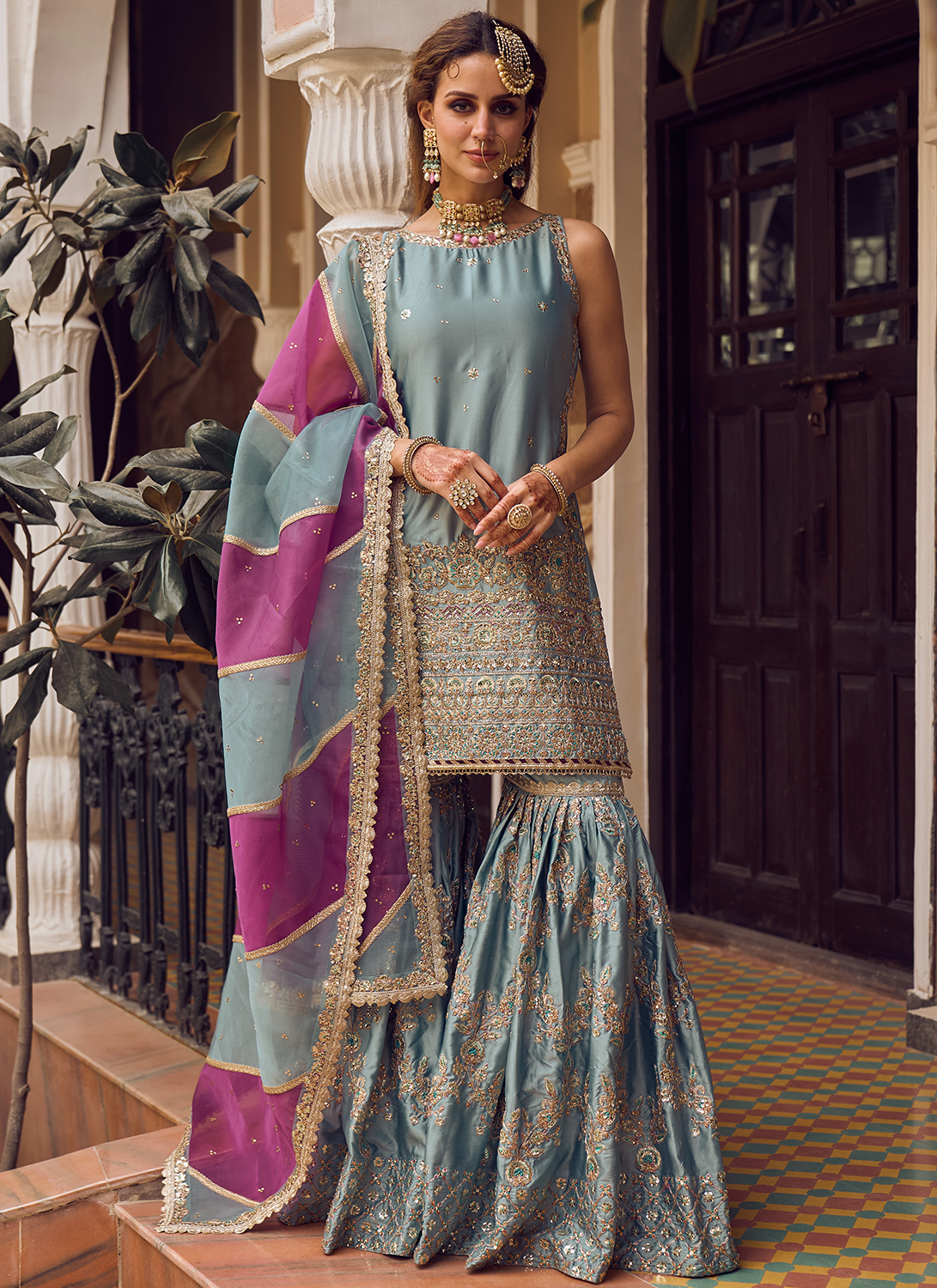 Light Blue Embroidered Gharara Suit