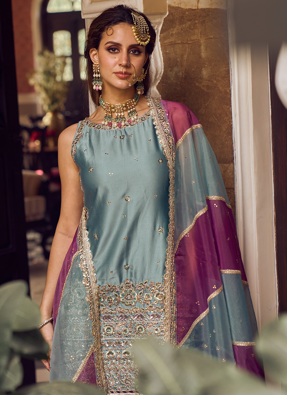 Light Blue Embroidered Gharara Suit