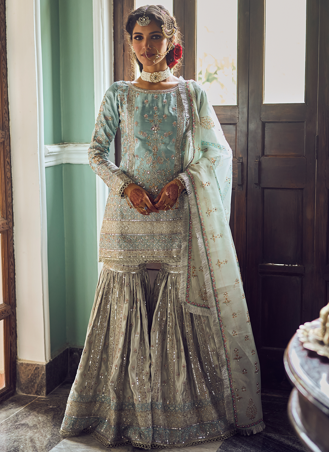 Dusty Blue and Grey Embroidered Gharara Suit