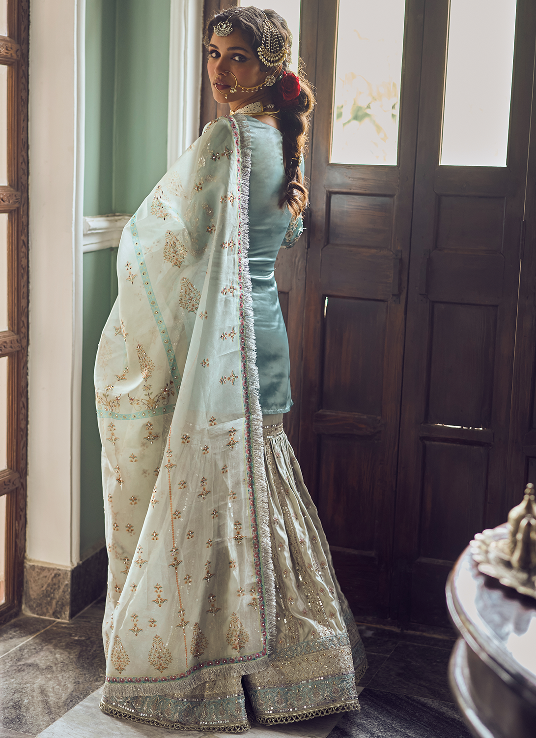 Dusty Blue and Grey Embroidered Gharara Suit