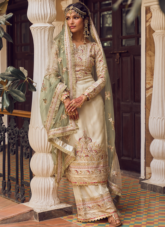 Cream and Light Green Embroidered Palazzo Suit