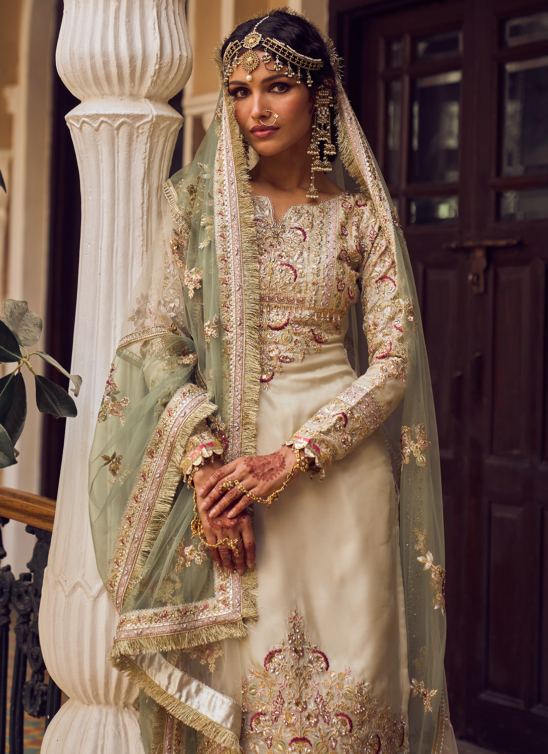 Cream and Light Green Embroidered Palazzo Suit