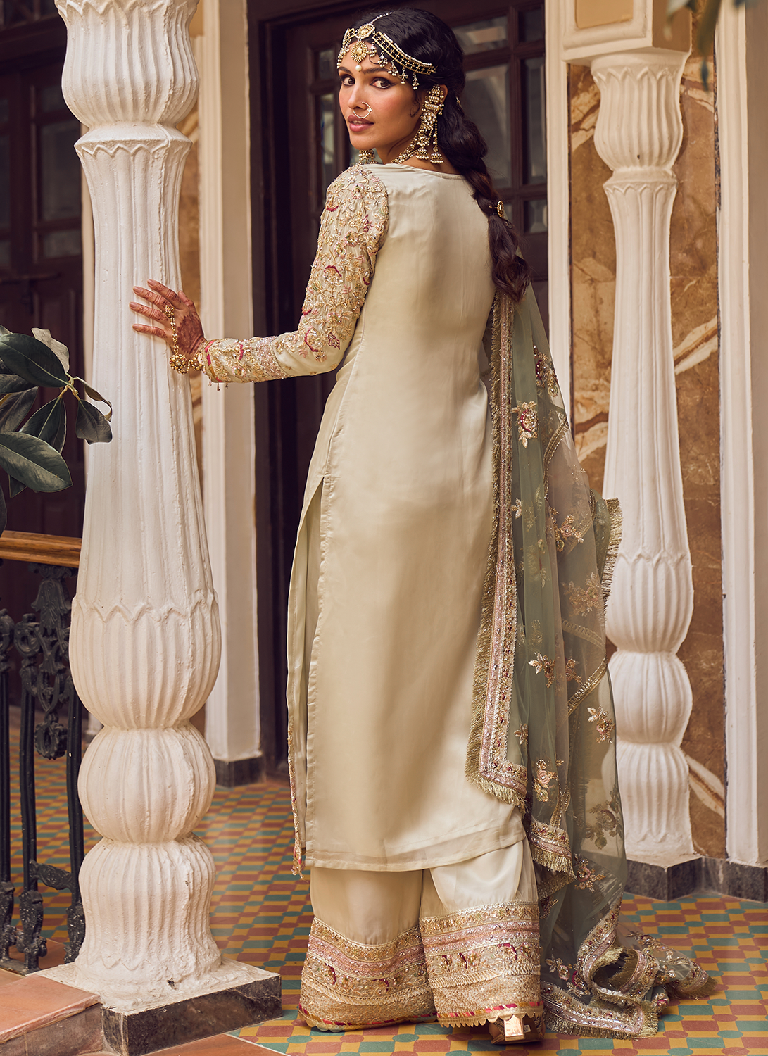 Cream and Light Green Embroidered Palazzo Suit