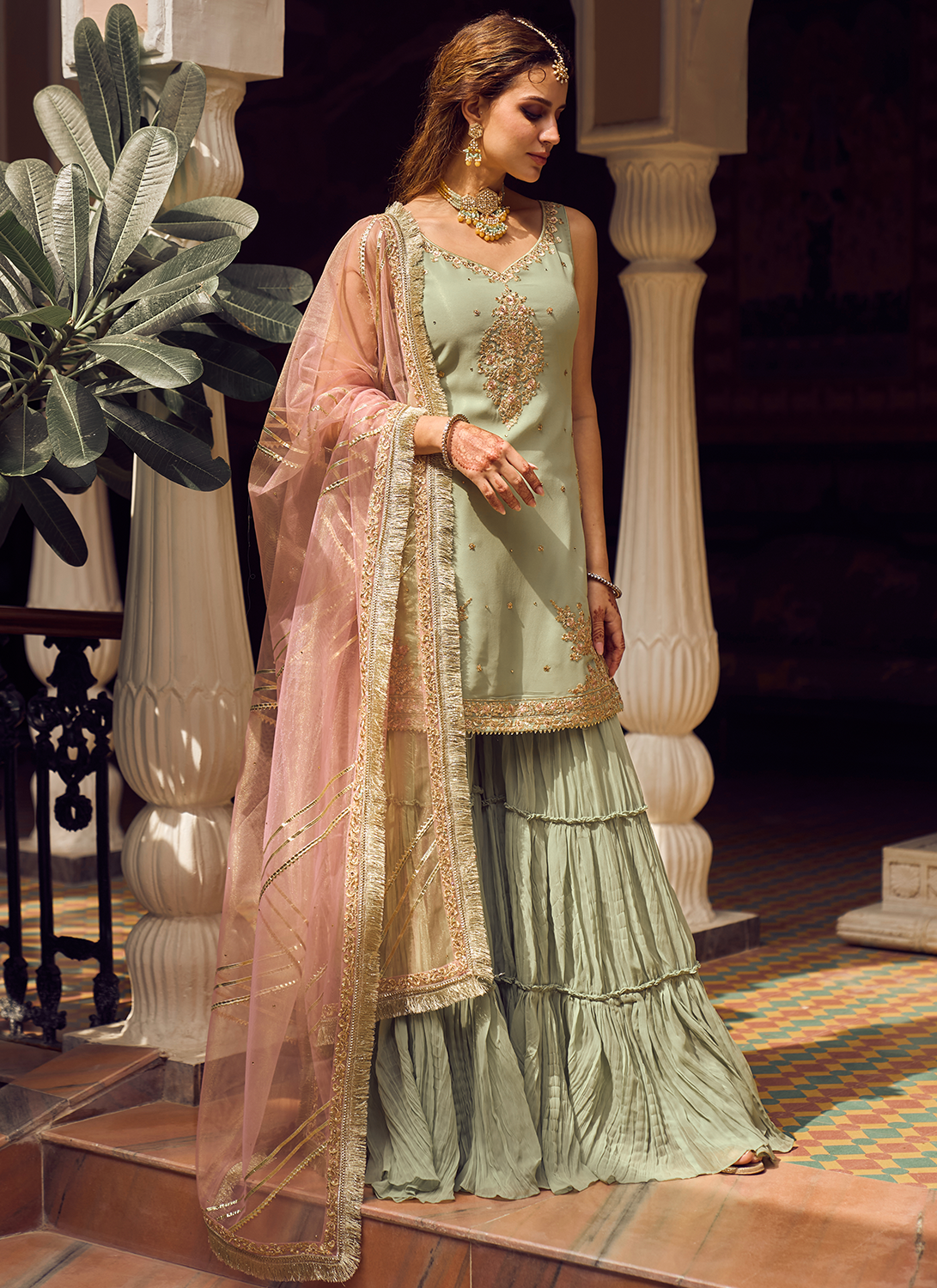 Light Green Embroidered Sharara Suit