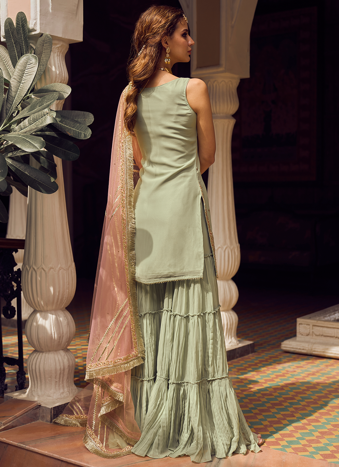 Light Green Embroidered Sharara Suit Lashkaraa