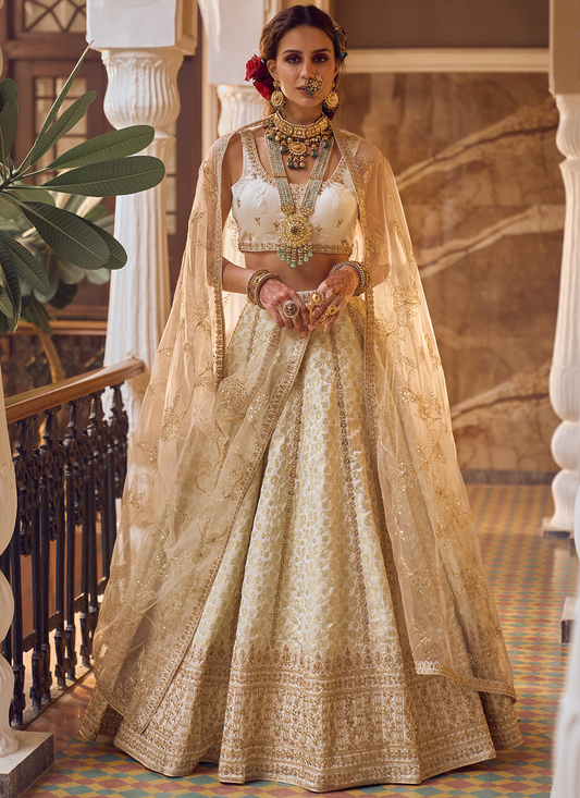 Off White Embroidered Brocade Lehenga